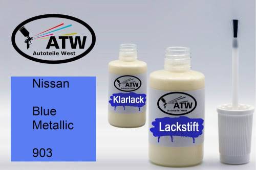 Nissan, Blue Metallic, 903: 20ml Lackstift + 20ml Klarlack - Set, von ATW Autoteile West.